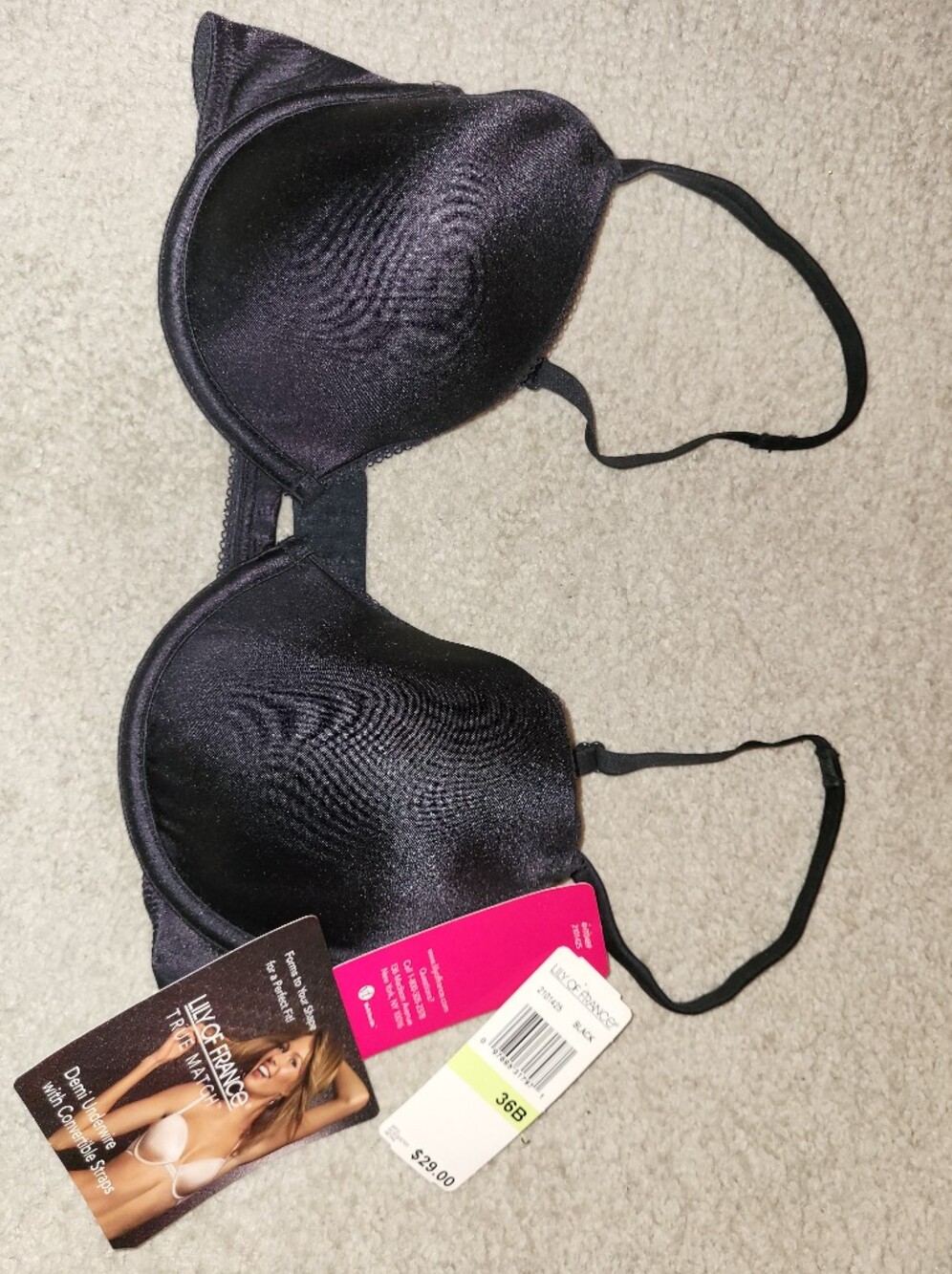 Lily of France Black T-Shirt Demi Bra with Light Padding, 36B